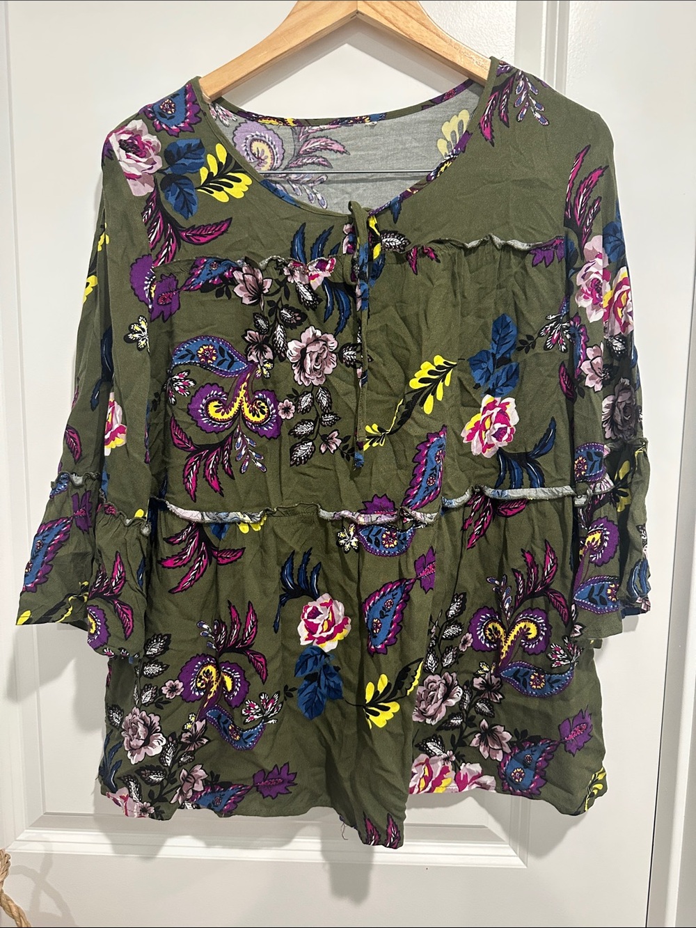 Olive Floral Peasant Blouse - Lightweight Women's Top